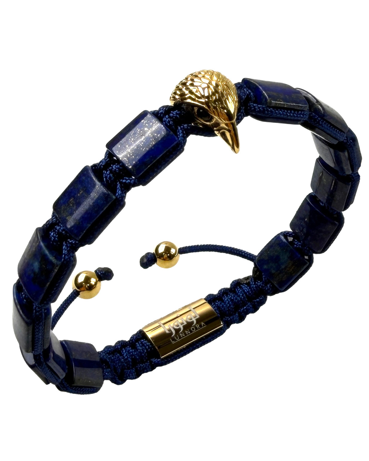 Blue beaded bracelet with gold eagle clasp and gold label center bead