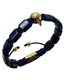 Blue beaded bracelet with gold eagle clasp and gold label center bead
