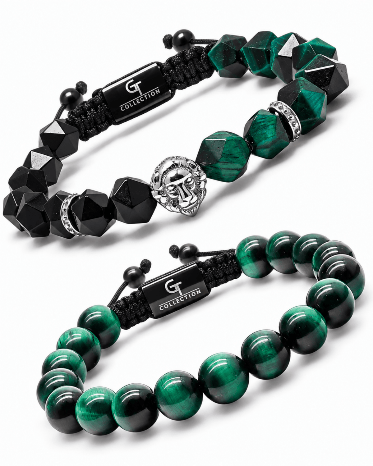 Beaded bracelet stack with black faceted beads and green striped gemstone-style beads Imagen principal del producto