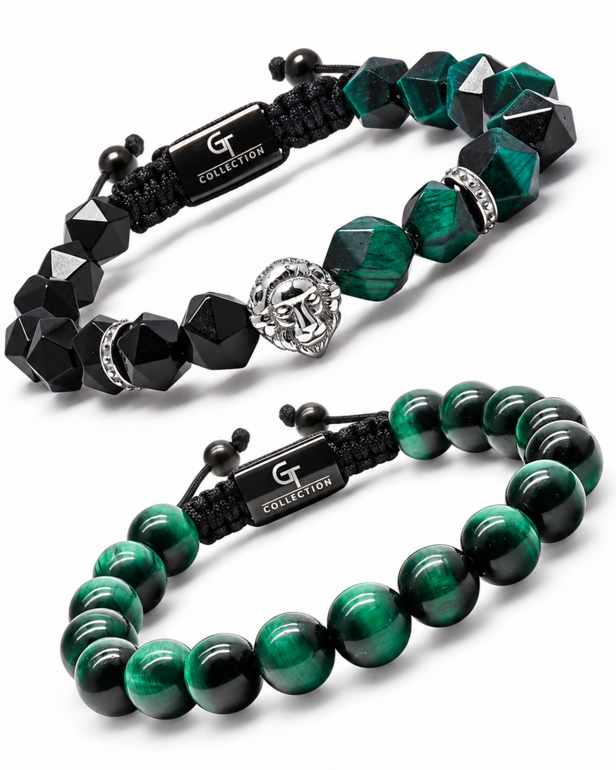 Beaded bracelet stack with black faceted beads and green striped gemstone-style beads