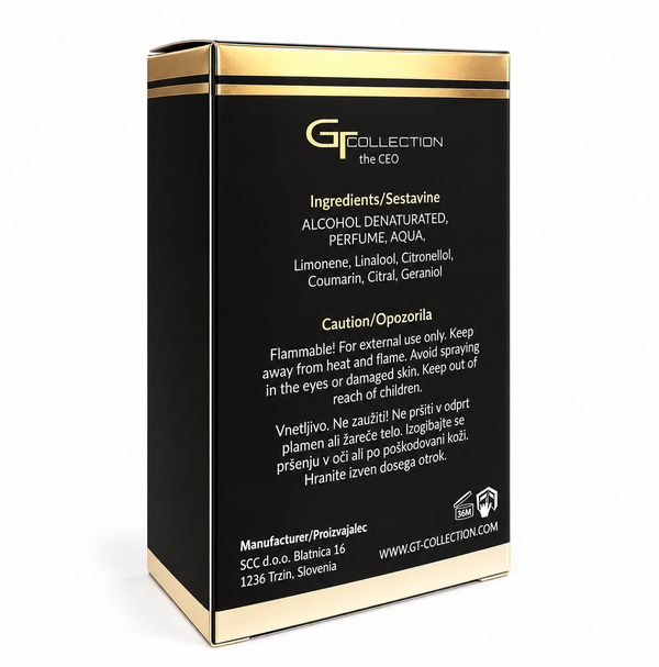 Men's eau de parfum gift box, black with gold trim and G Collection the CEO text