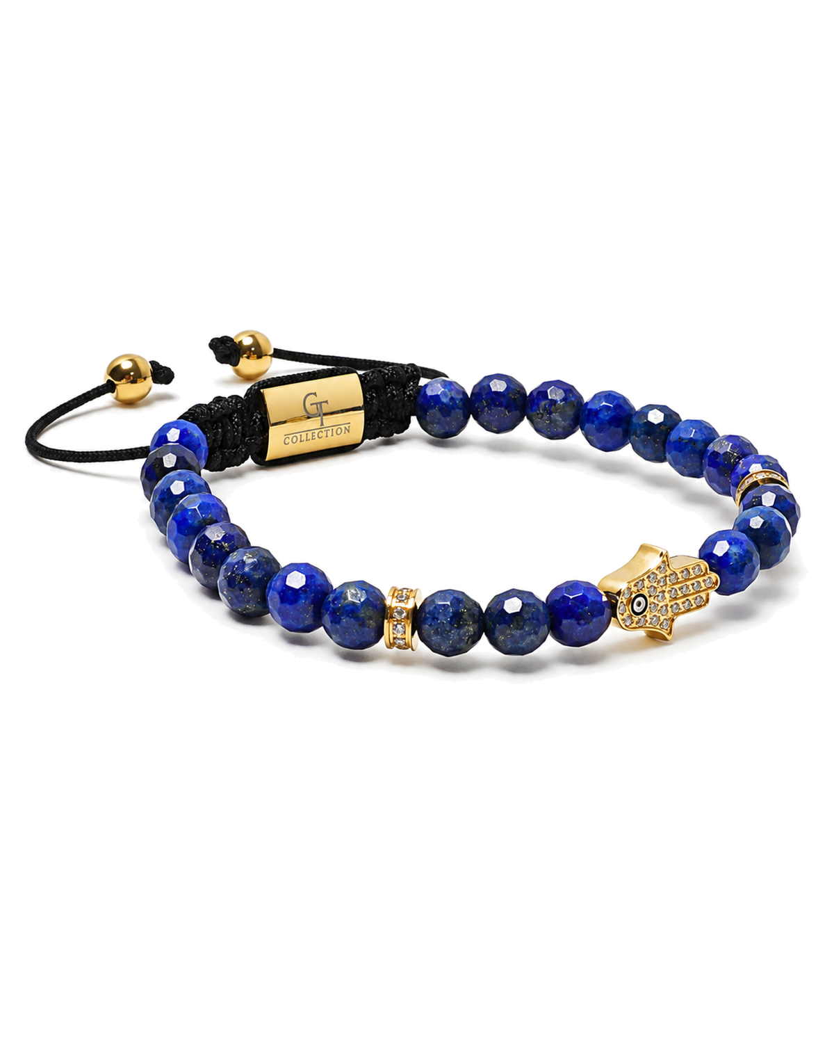 Blue lapis bead bracelet with gold hamsa charm and black cord, adjustable clasp.