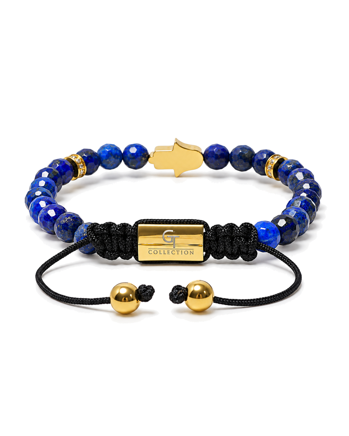 Blue lapis bead bracelet with gold hamsa charm and center bar, black cord toggle.