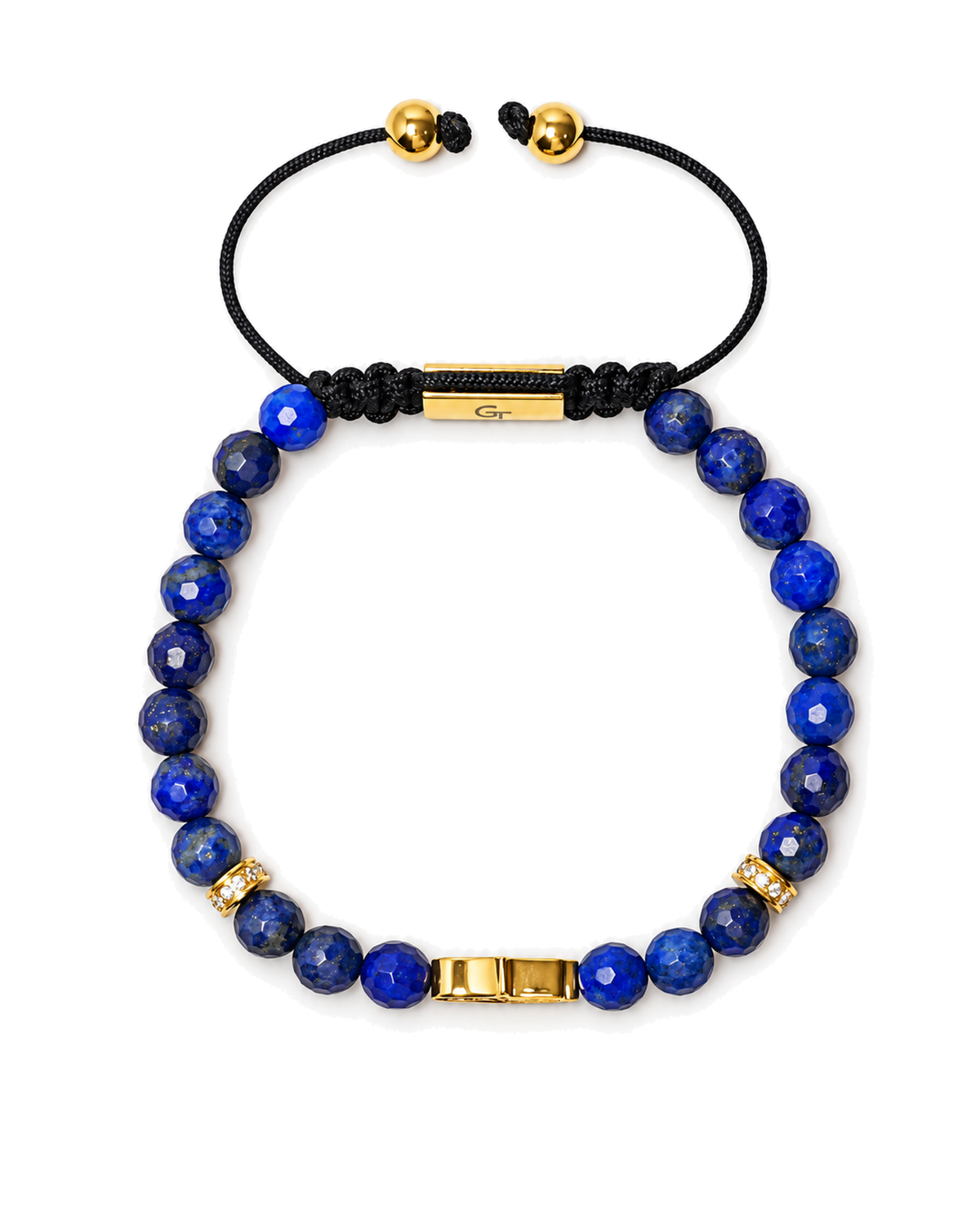 Blue lapis bead bracelet with gold bar clasp, black cord ends, gold round beads.