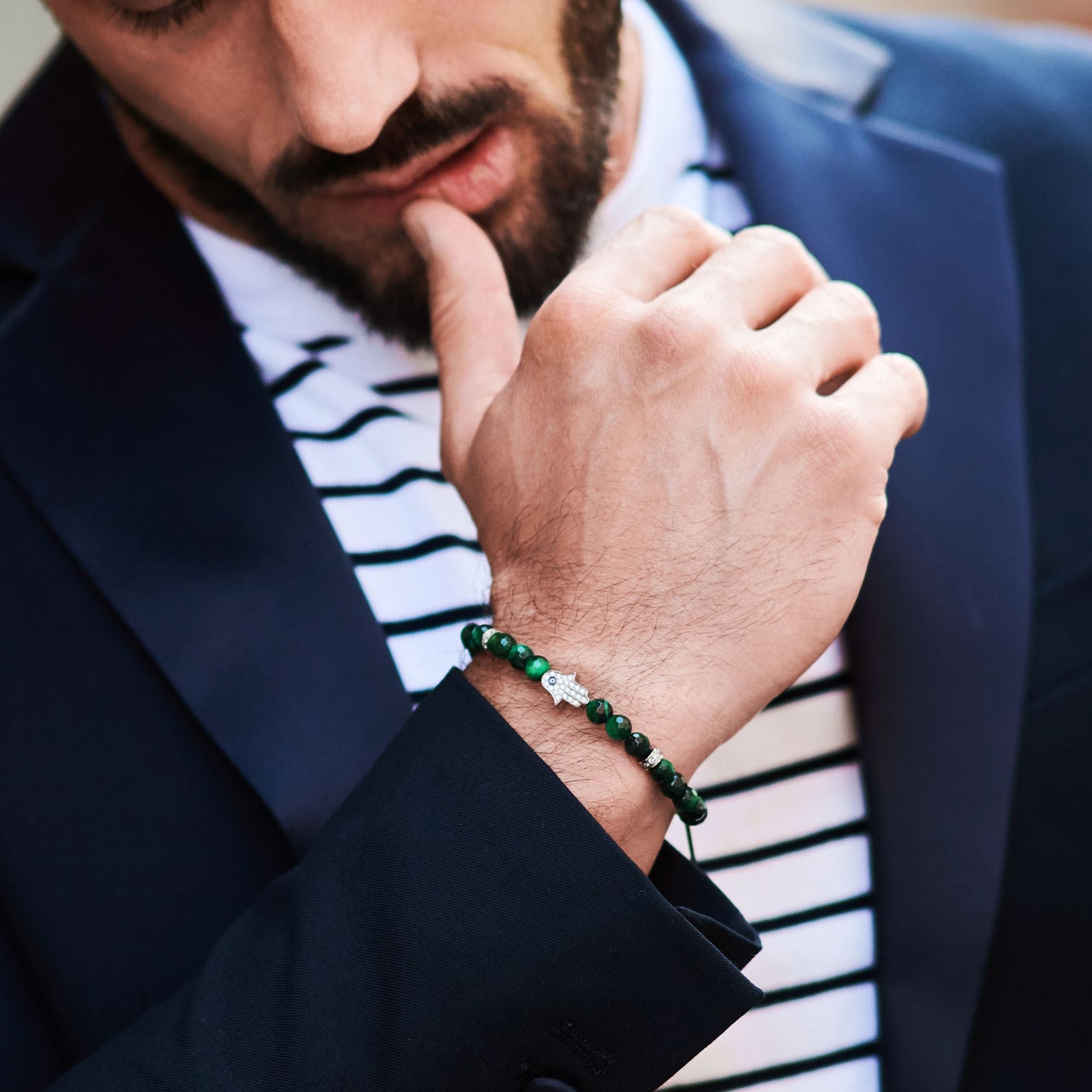 Men's GREEN TIGER EYE Bracelet with Silver HAMSA Hand – GT collection