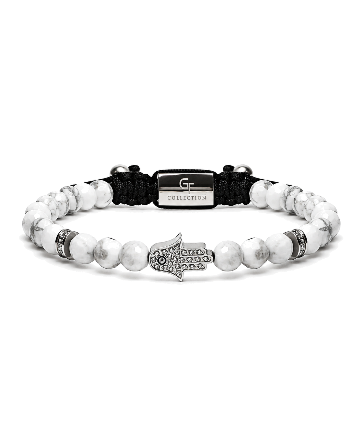 White howlite bead bracelet with black cord and engraved hamsa hand charm