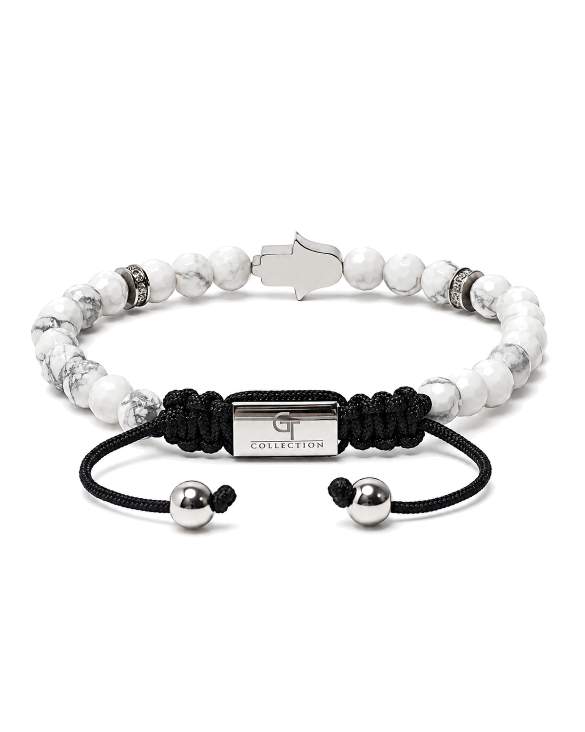 White howlite bead bracelet with black cord and G Collection label center