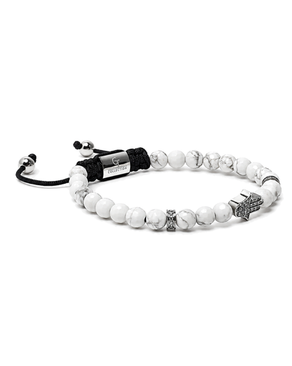 White howlite bead bracelet with black cord and hamsa hand charm