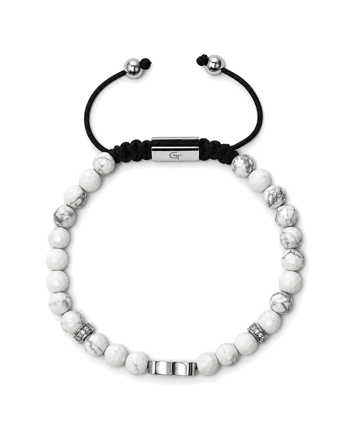 White howlite bead bracelet with black cord and metal logo bar center