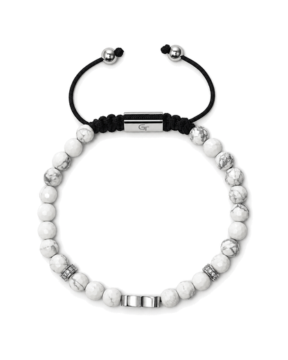 White howlite bead bracelet with black cord and metal logo bar center