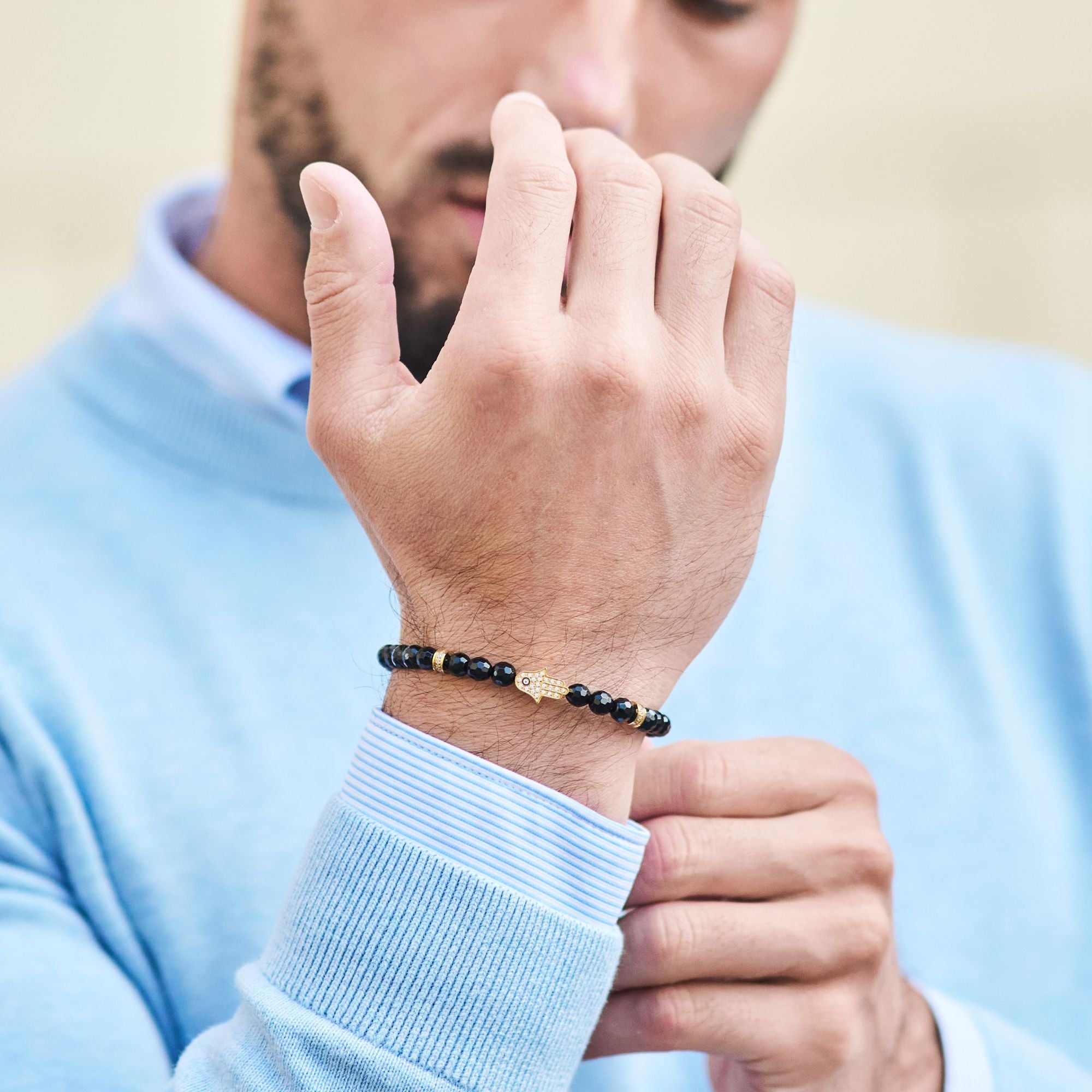 Men's BLACK ONYX Bracelet with Golden HAMSA Hand – GT collection