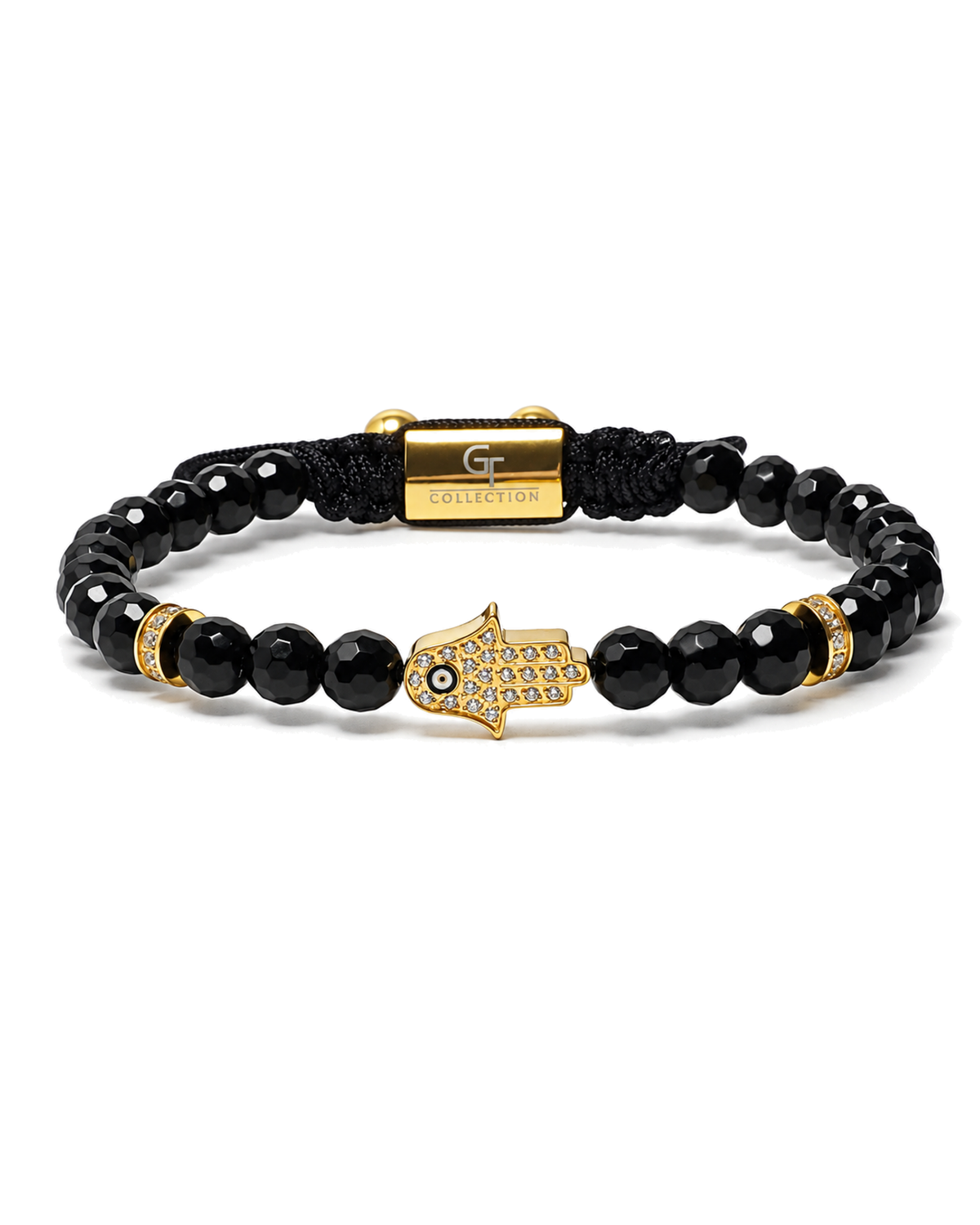 Black bead bracelet with gold Hamsa charm and gold accent beads, macrame center. Main image