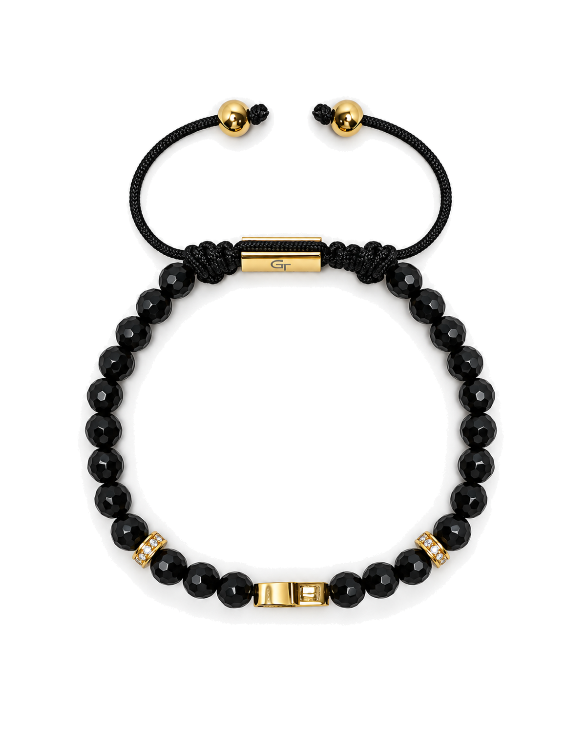 Black beaded bracelet with gold clasp beads and black cord tie ends.