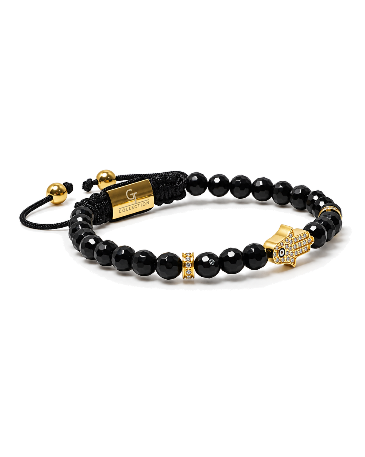 Black beaded bracelet with gold Hamsa and rhinestone details, adjustable cord.