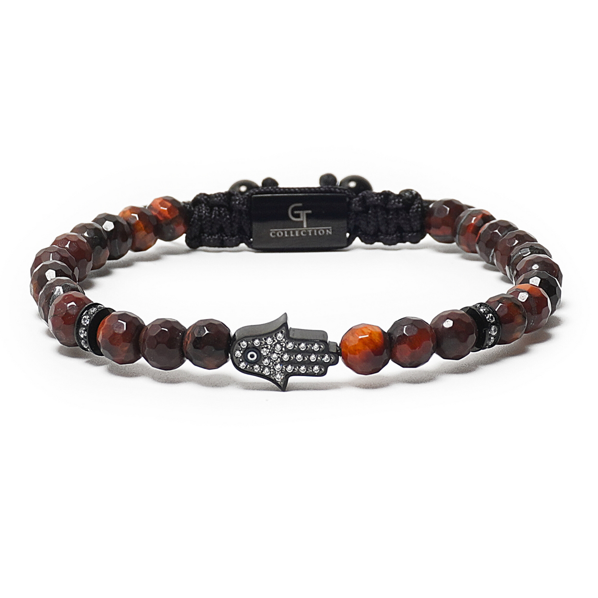 Men's beaded bracelet with tiger-eye beads, black drawstring, silver-tone Hamsa charm