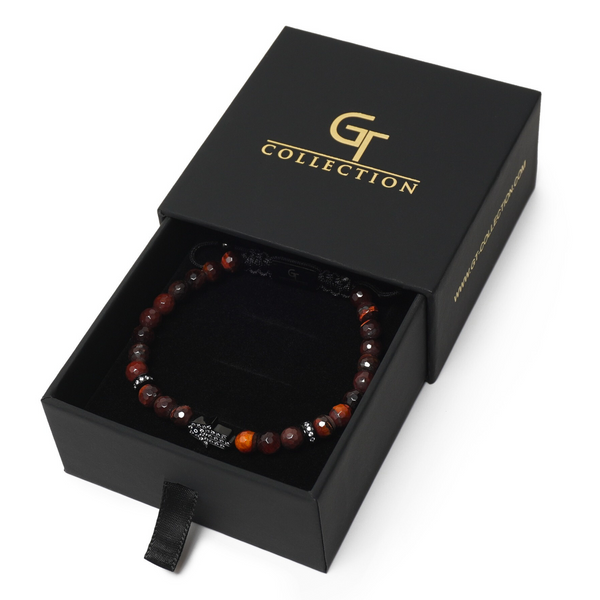 Men's tiger-eye bead bracelet in black gift box with drawstring cord