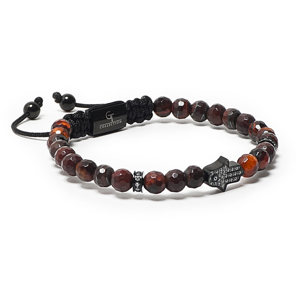 Men's beaded bracelet with dark red tiger-eye beads, black cord, Hamsa hand charm