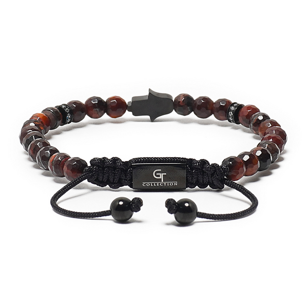 Men's tiger-eye bead bracelet with black cord center tag and flat Hamsa charm