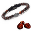Men's tiger-eye bracelet with black cord and Hamsa charm, flat heart stones shown