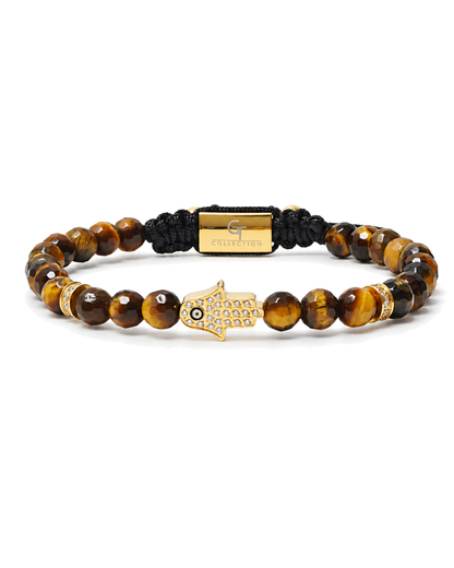 Tiger eye bead hamsa hand bracelet with pave-style hamsa charm, gold spacer and black cord