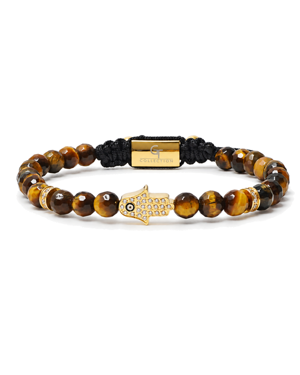 Tiger eye bead hamsa hand bracelet with pave-style hamsa charm, gold spacer and black cord