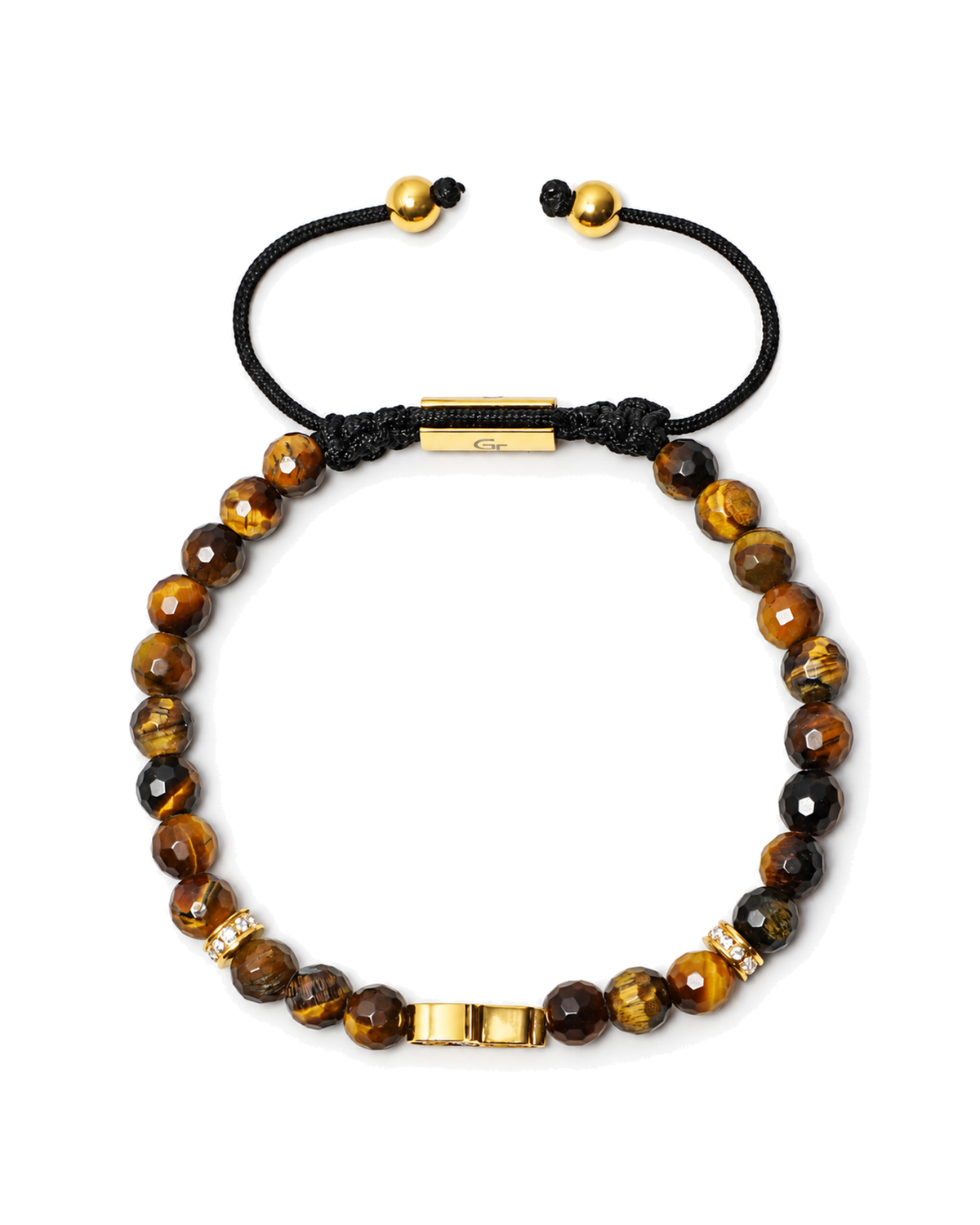 Tiger eye bead bracelet with gold bar clasp and black braided cord, stretch fit