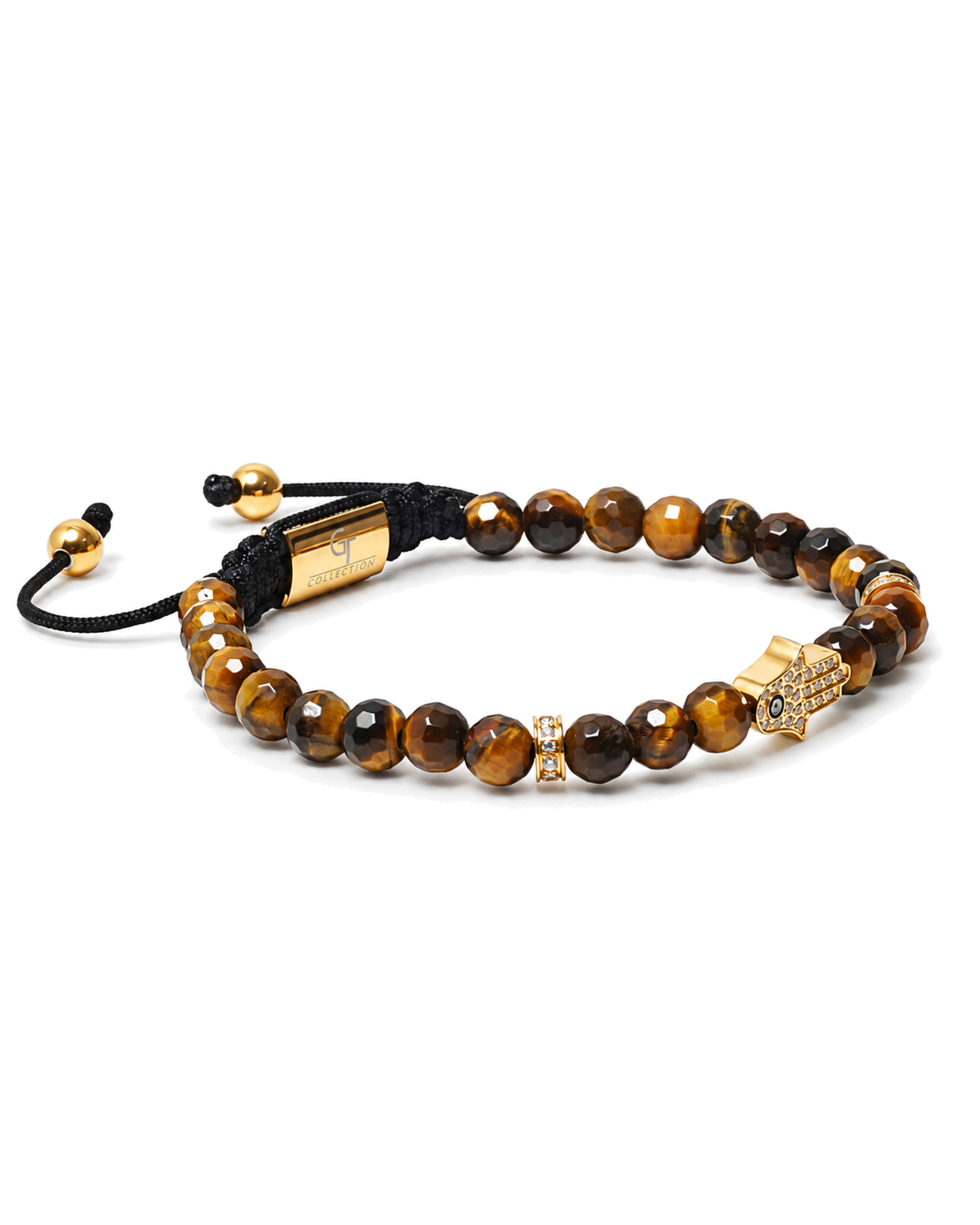 Tiger eye bead hamsa hand bracelet with gold charm and black cord, stretch design