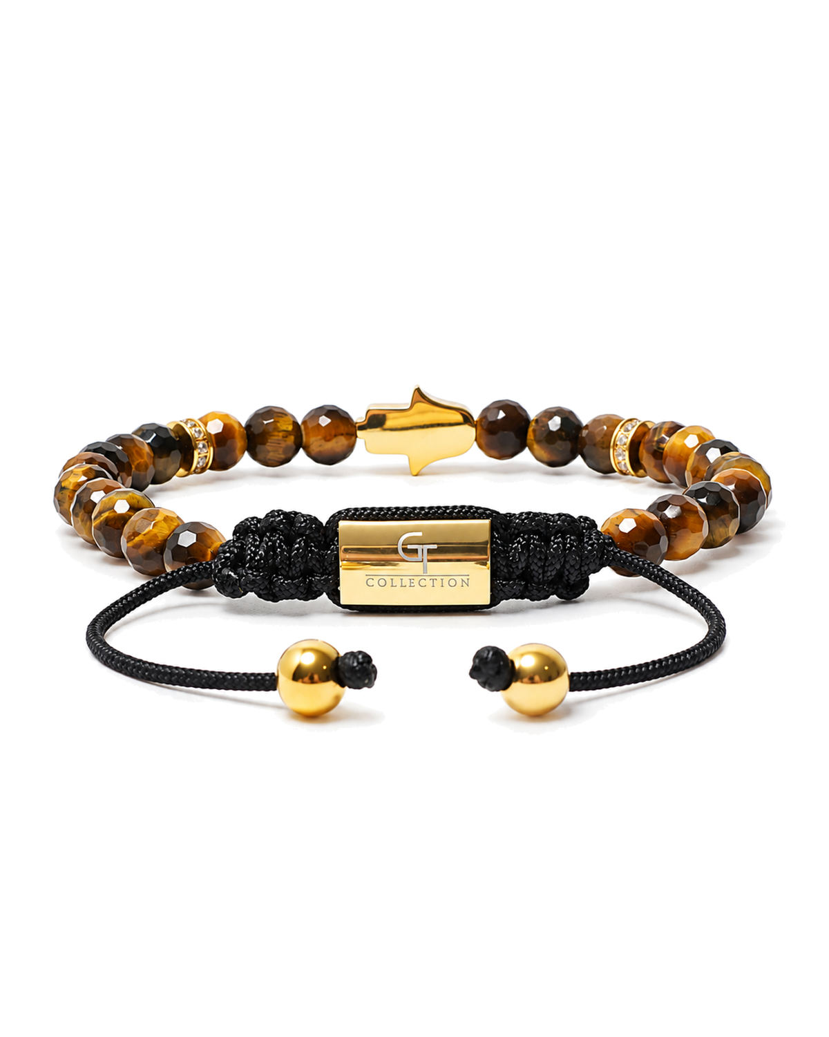 Tiger eye bead bracelet with gold centerpiece tag, black cord ties and mixed brown beads
