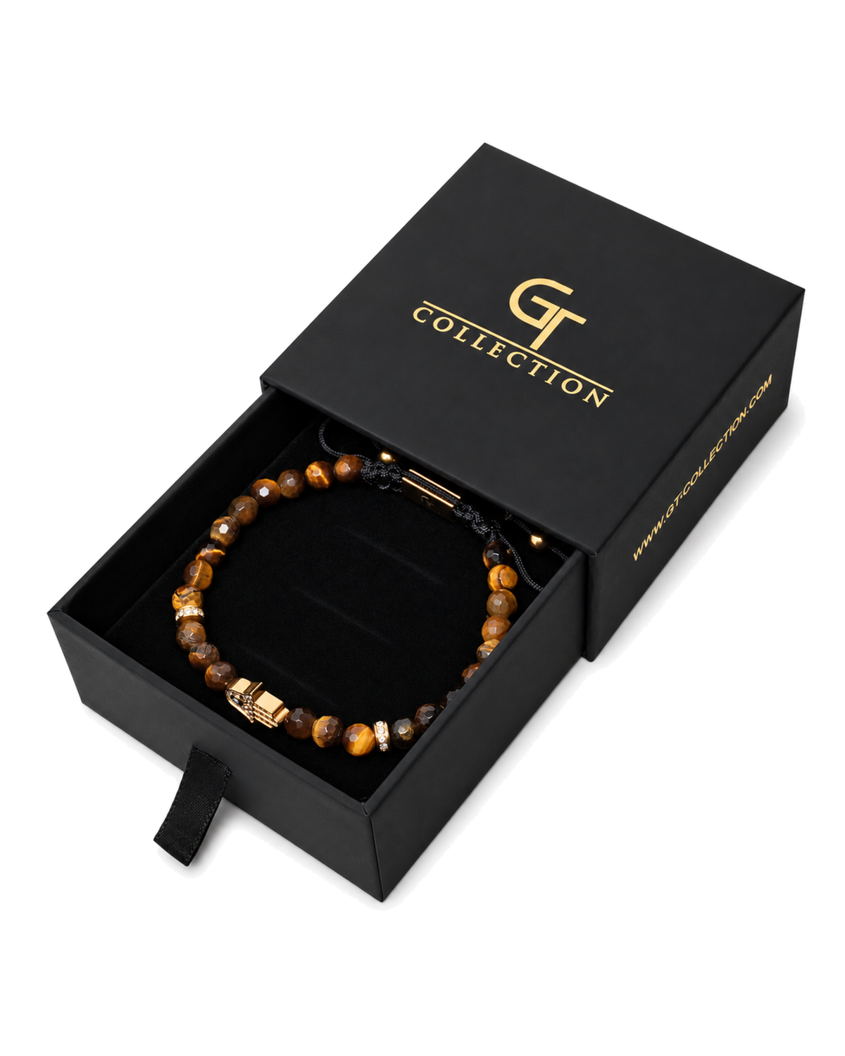 Tiger eye bead bracelet in black gift box with gold G collection label