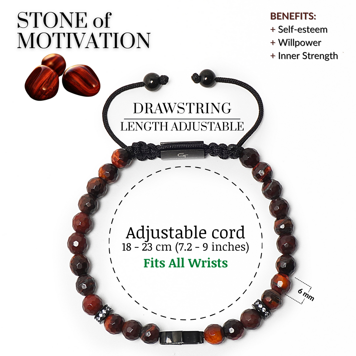 Men's tiger-eye bead bracelet with black drawstring and adjustable length