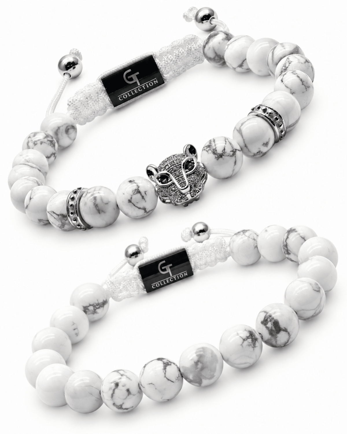 Howlite beaded bracelet stack with silver Hamsa charm, white marble beads Imagen principal del producto