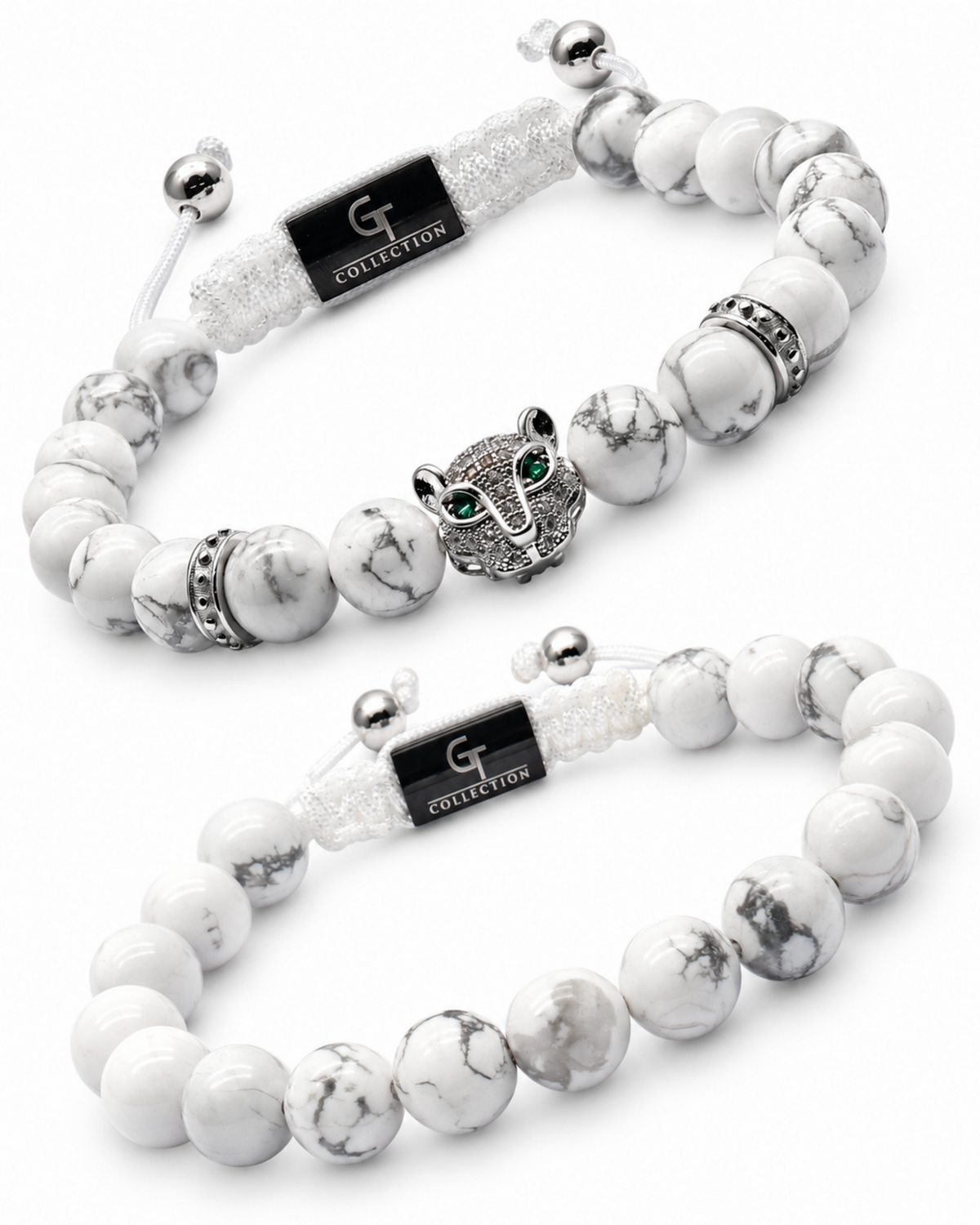 Howlite beaded bracelet stack with silver Hamsa charm, white marble beads