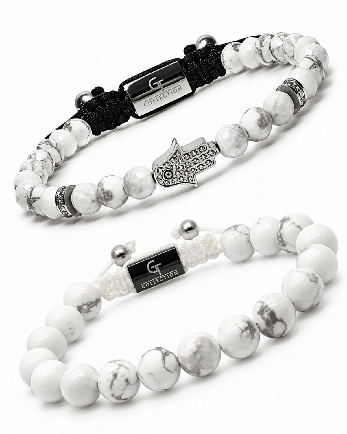 Howlite bead bracelet stack with hamsa charm and silver-tone accents Główne zdjęcie produktu
