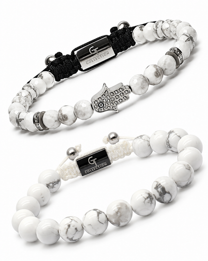 Howlite bead bracelet stack with hamsa charm and silver-tone accents