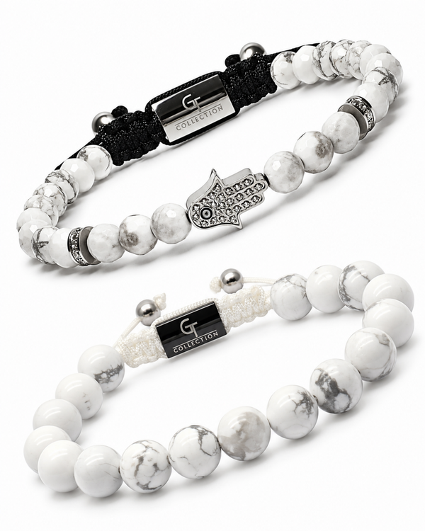 Howlite bead bracelet stack with hamsa charm and silver-tone accents