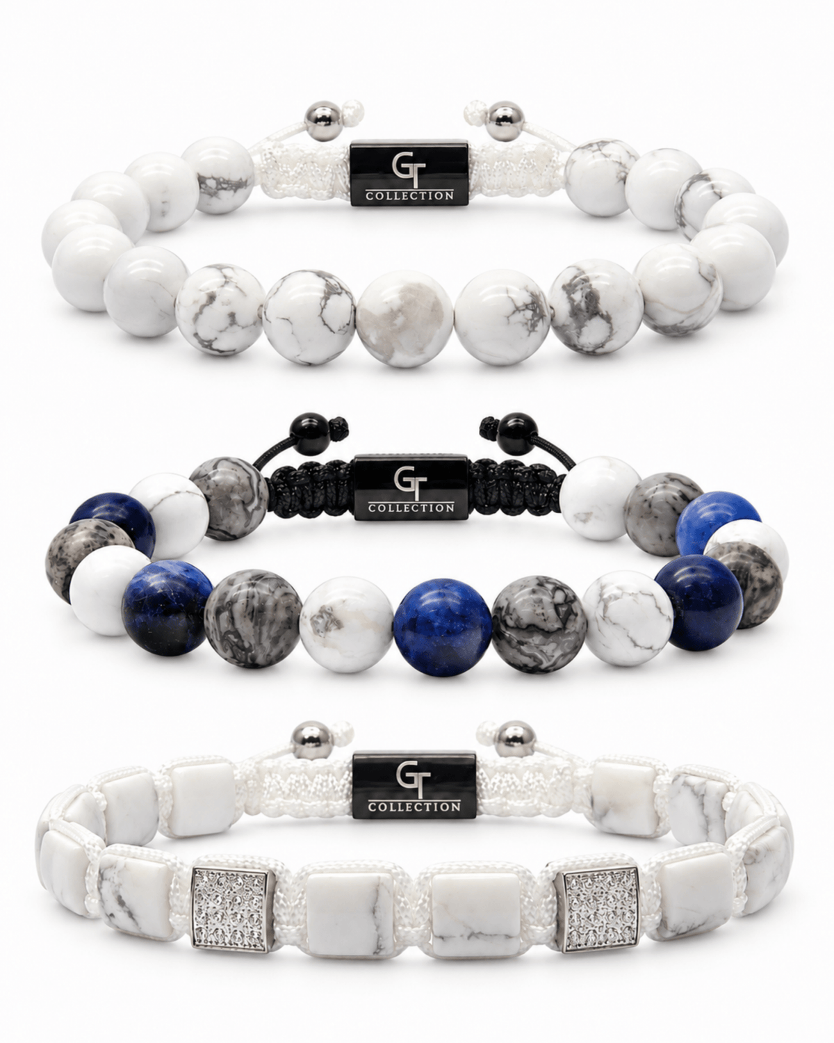 3-piece bracelet set with white howlite and blue sodalite beads, with metal accents Imagen principal del producto