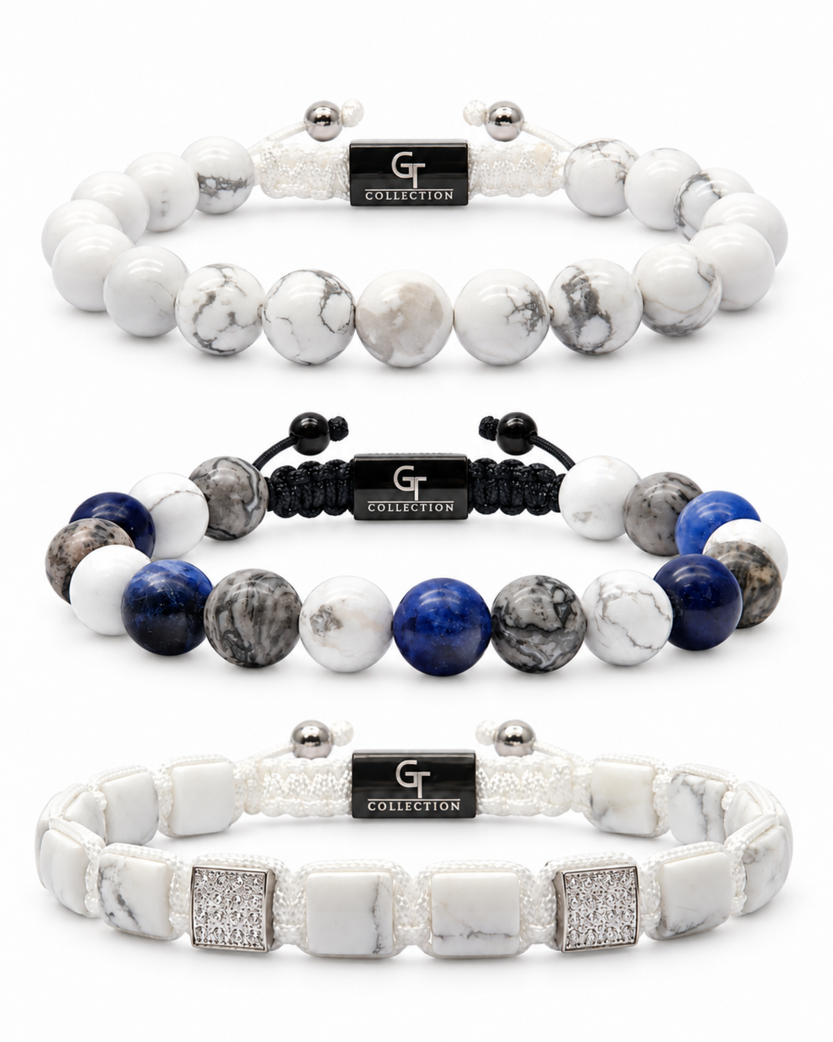 3-piece bracelet set with white howlite and blue sodalite beads, with metal accents