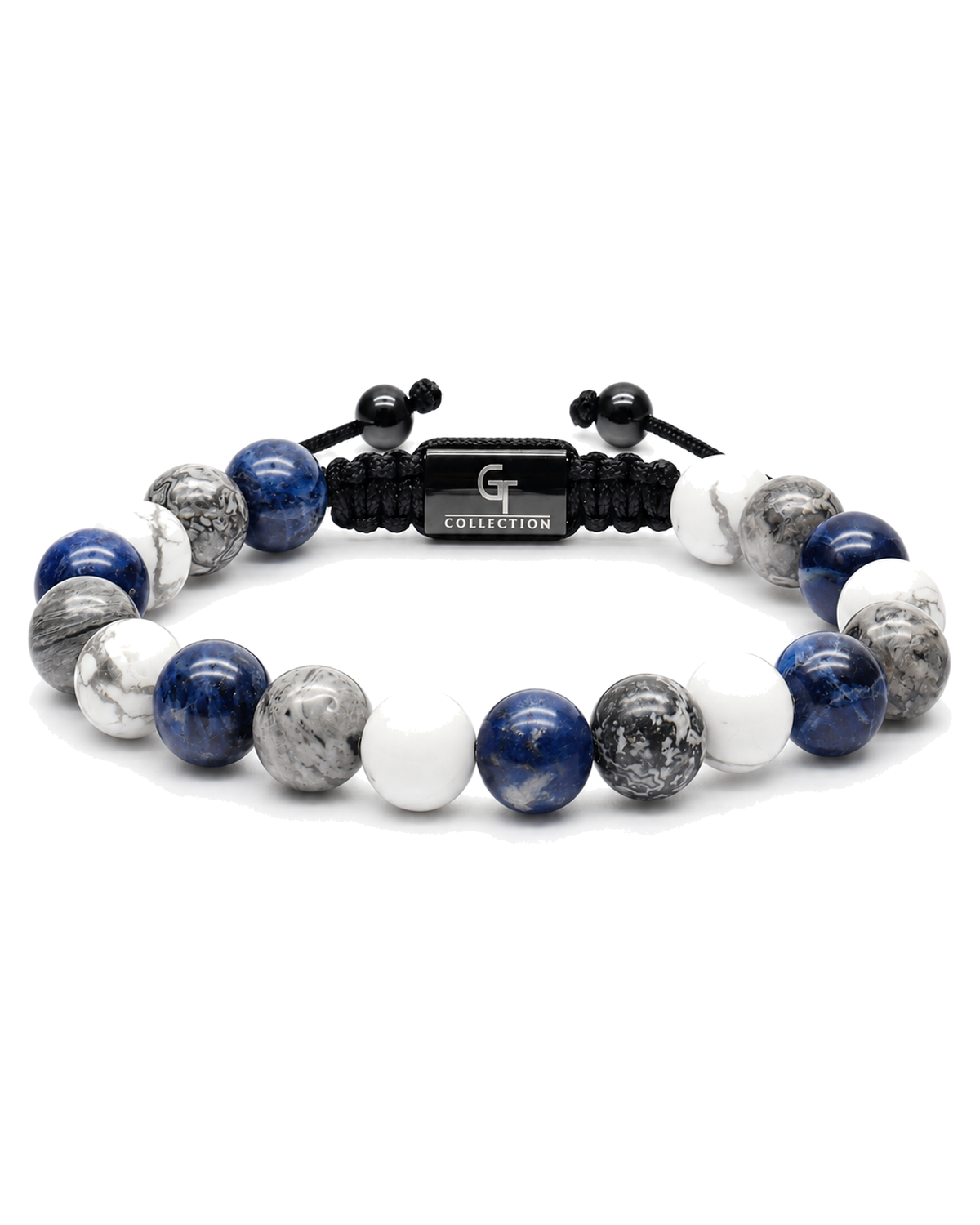 Beaded bracelet viewed straight-on with blue and white round stones on black cord