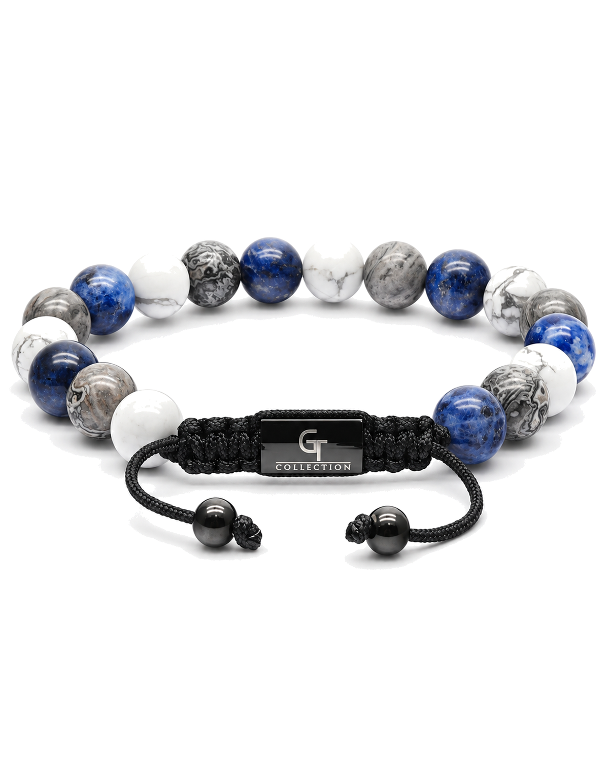 Beaded bracelet with blue, white, and gray stones and black drawstring-style cord