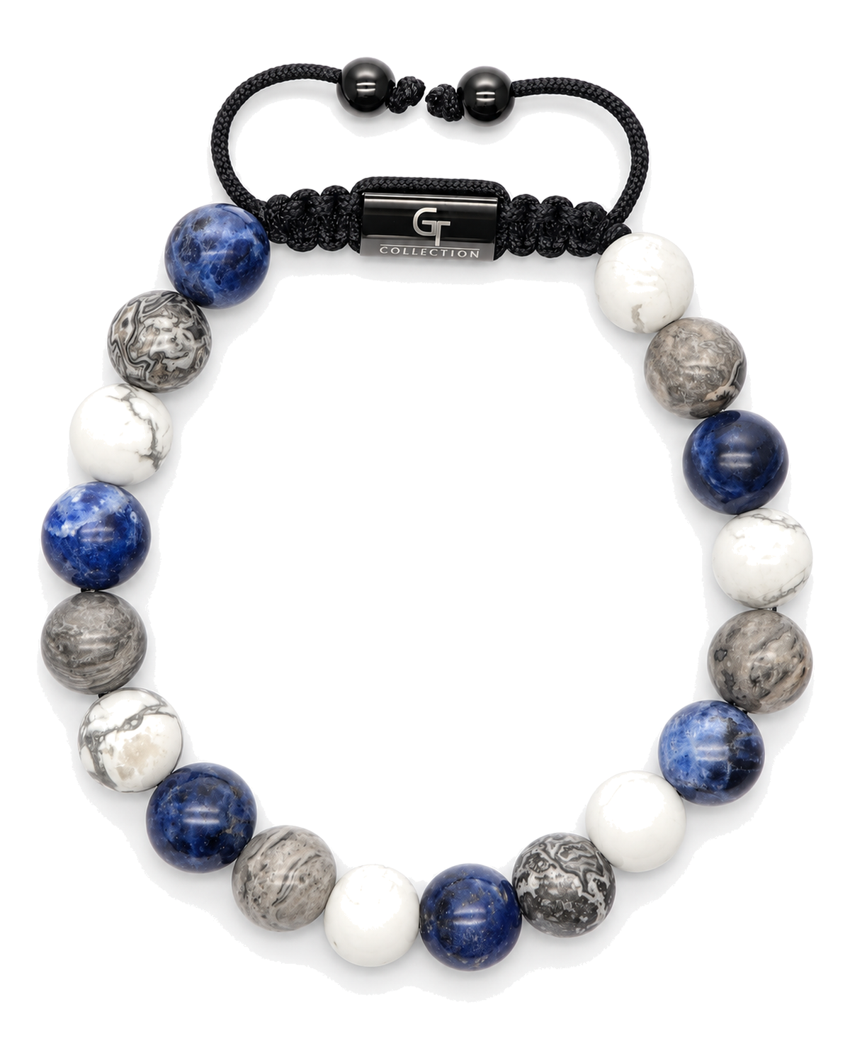 Adjustable beaded bracelet in blue, white, and gray stones with black cord centerpiece