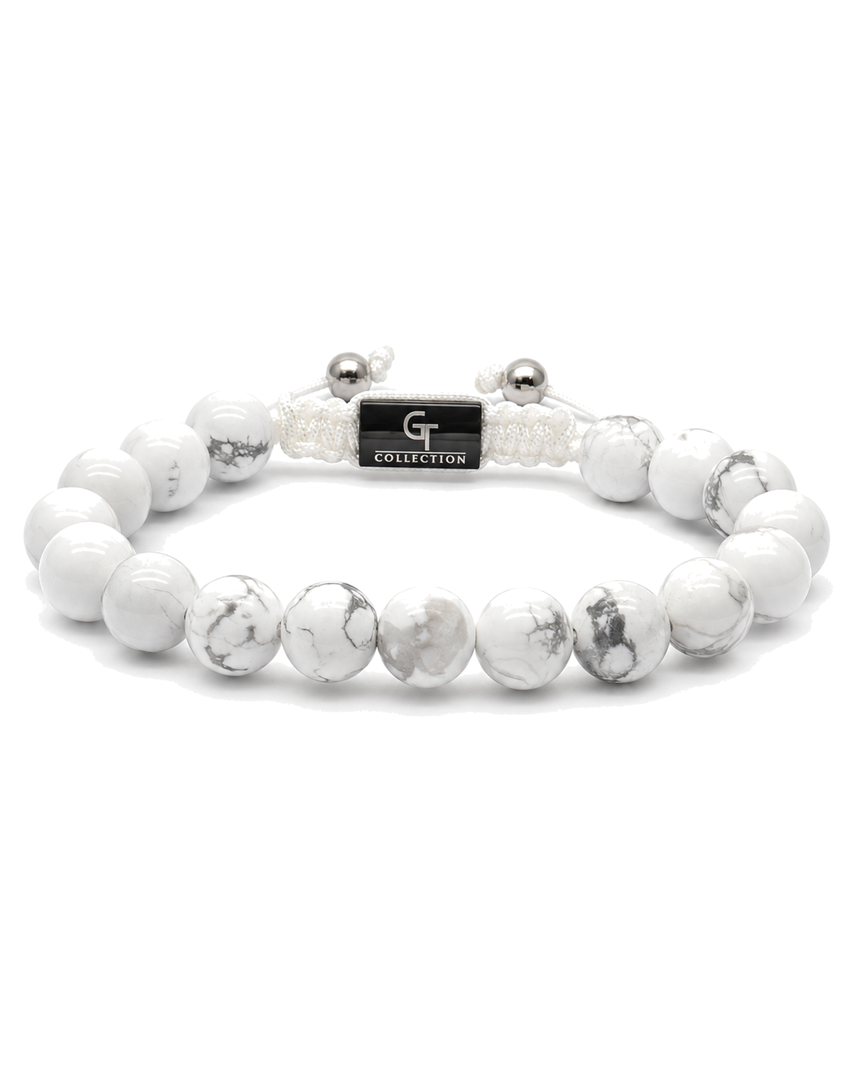 White howlite bead bracelet with black G-Collection label and elastic cord