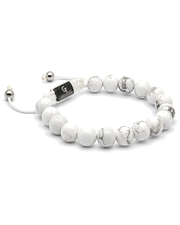 White howlite bead single-row bracelet with silver-tone balls and elastic cord