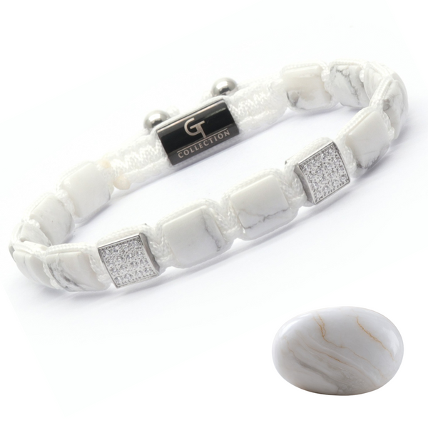 Bracciali: Bracciale elastico in pietra Agata lucida e Fossil con Croce Gerusalemme