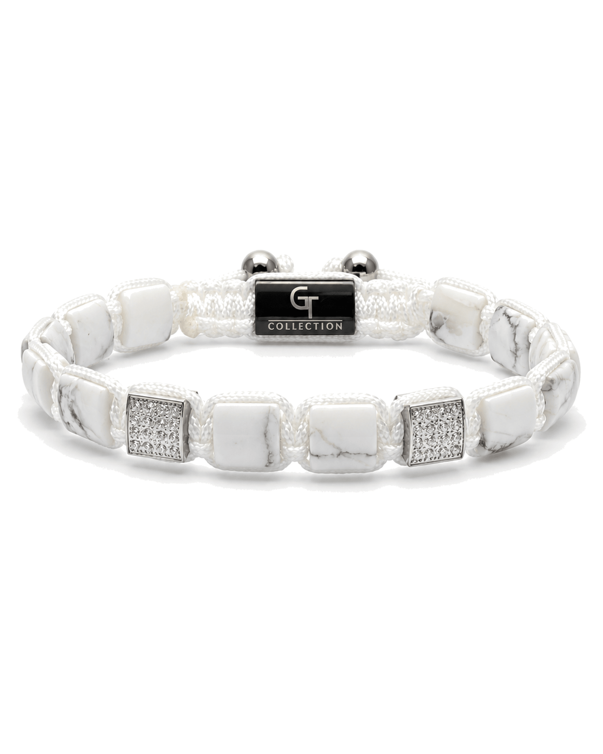 White marble-effect bead bracelet with black logo centerpiece and silver end beads Imagen principal del producto