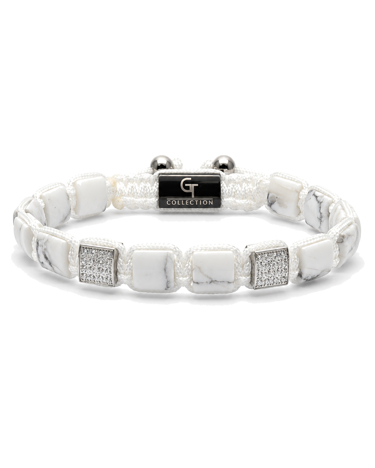 White marble-effect bead bracelet with black logo centerpiece and silver end beads Main image