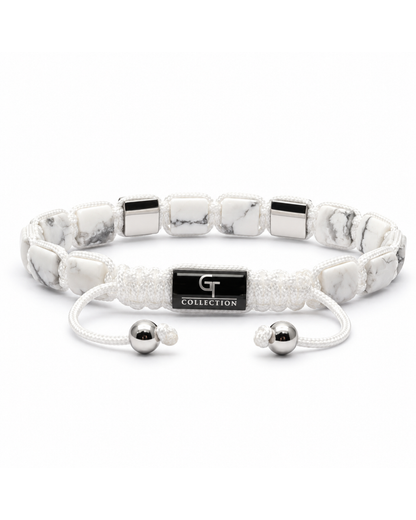 White marble-effect bead bracelet with black logo centerpiece and drawstring cords