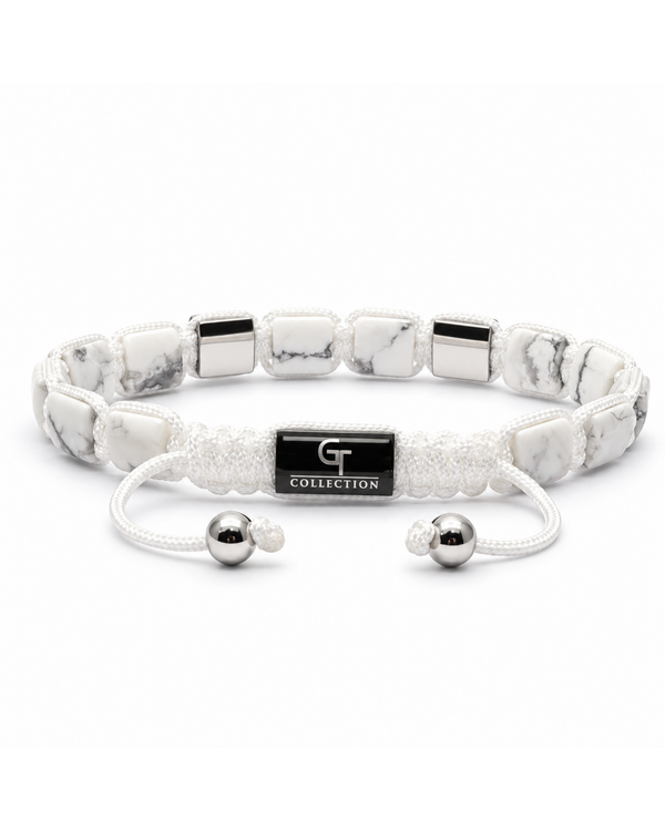 White marble-effect bead bracelet with black logo centerpiece and drawstring cords