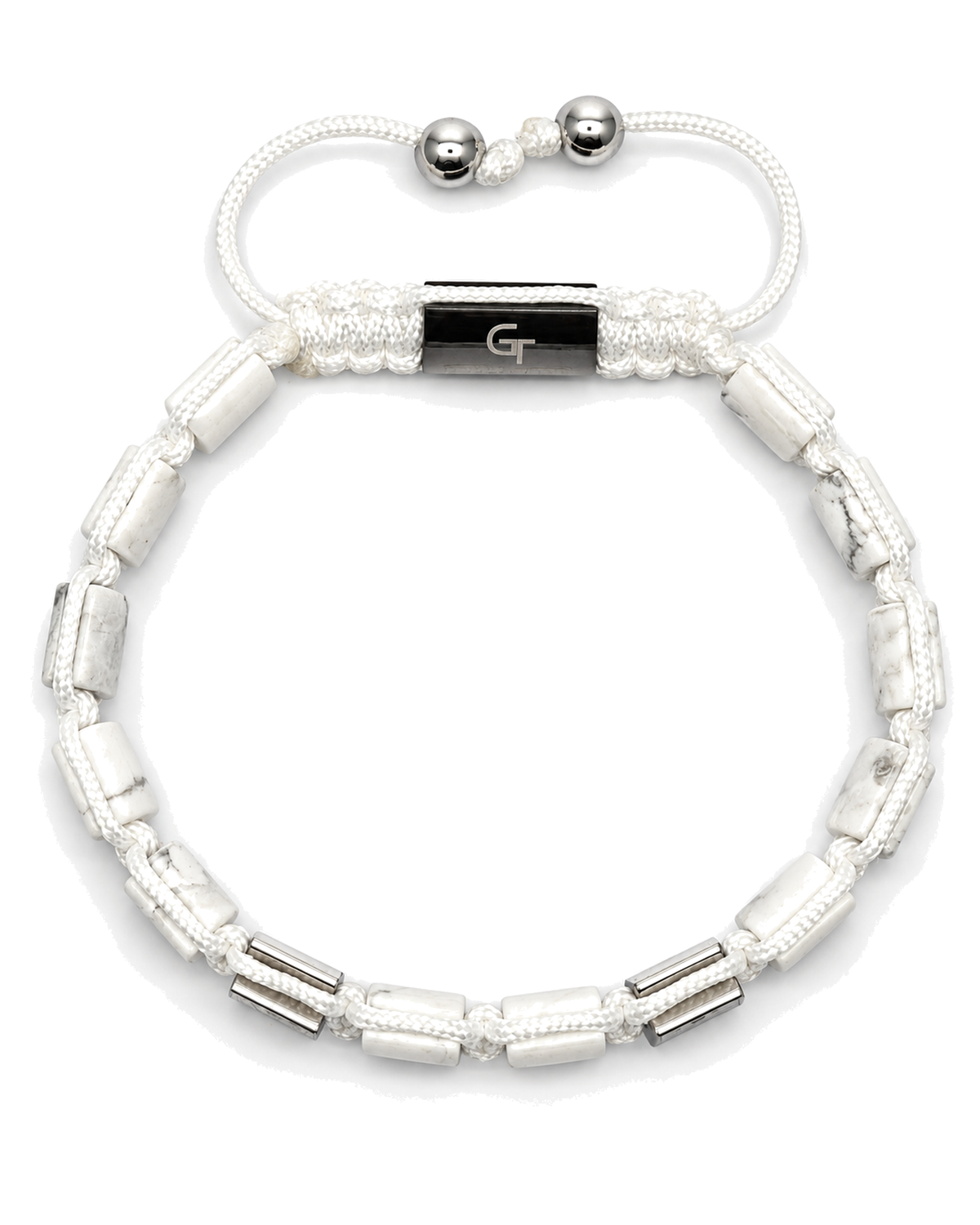 White bead bracelet with black logo centerpiece, braided cord, and silver clasp beads