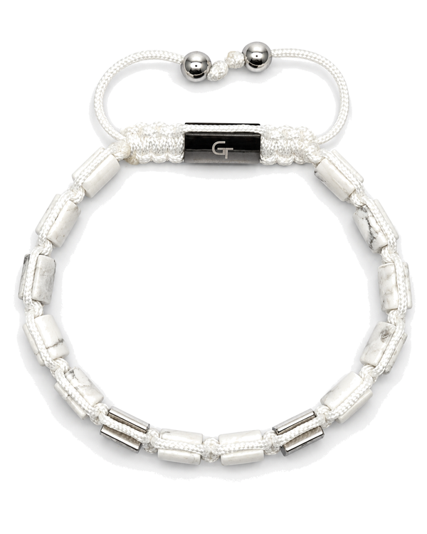 White bead bracelet with black logo centerpiece, braided cord, and silver clasp beads