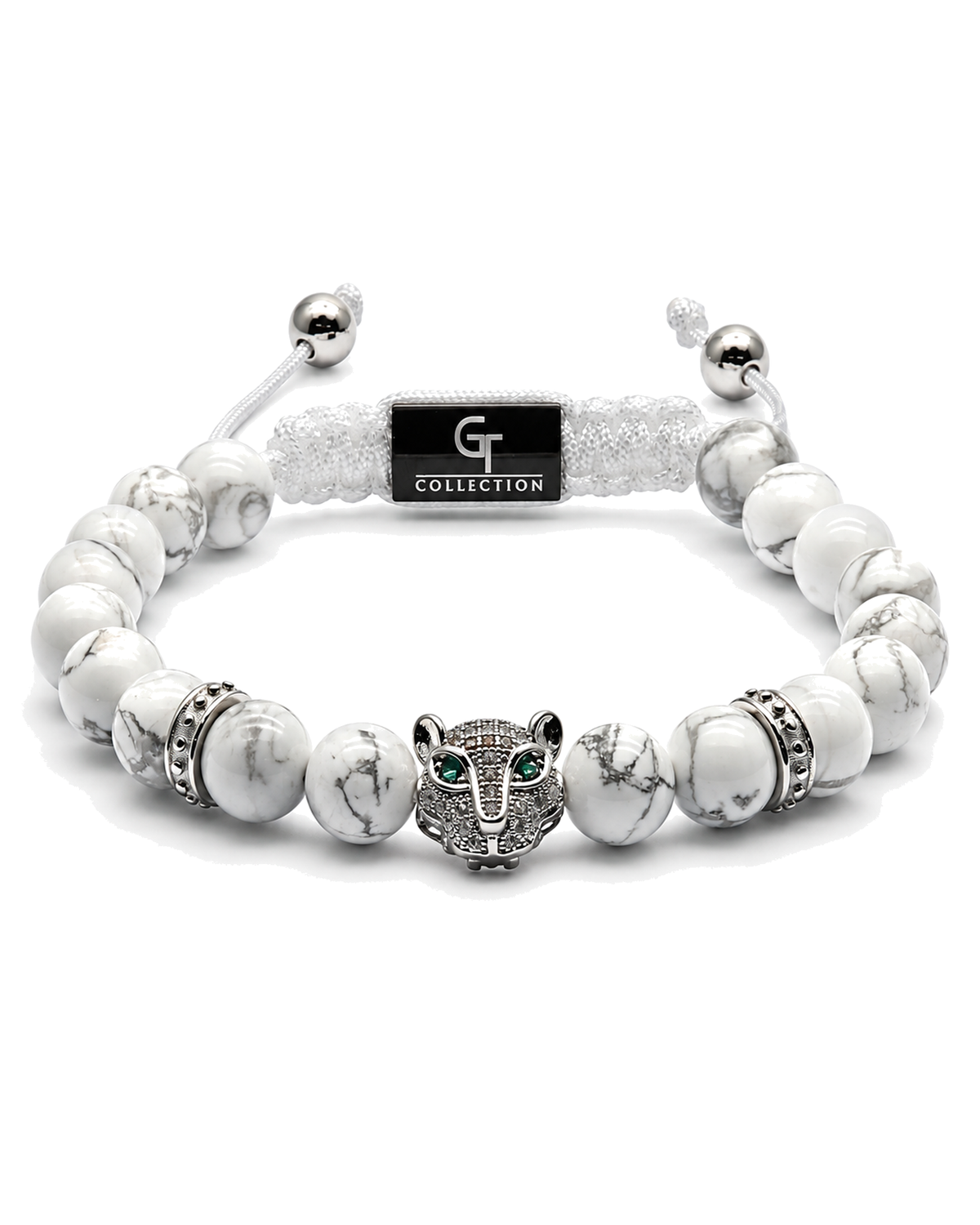 White howlite bead bracelet with crown-like silver centerpiece and bead rings Main image